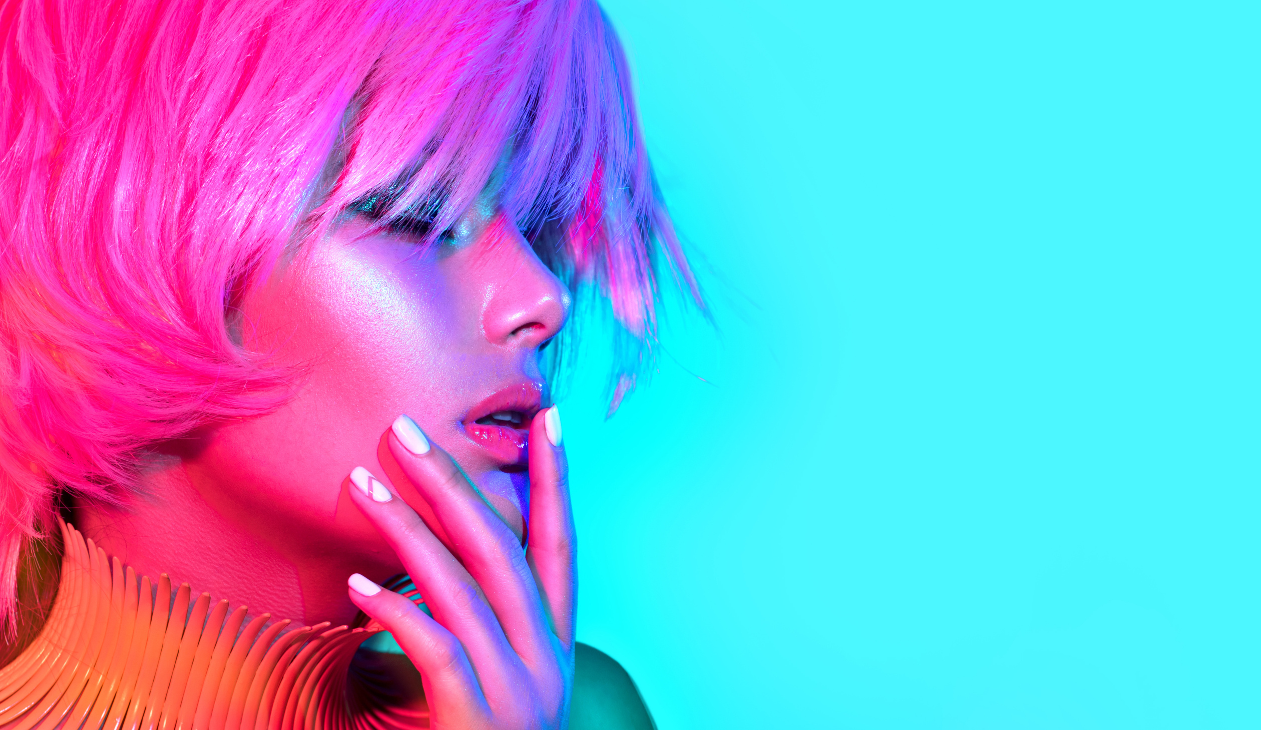 Fashion Model Woman in Colorful Bright Lights 